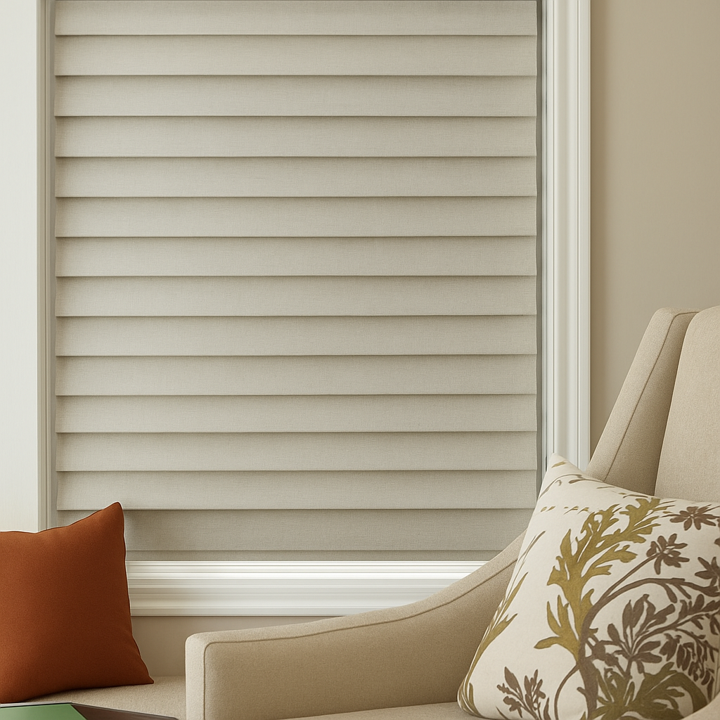 Love is Blinds St. Louis: A living room with a chair and a window with wooden blinds.