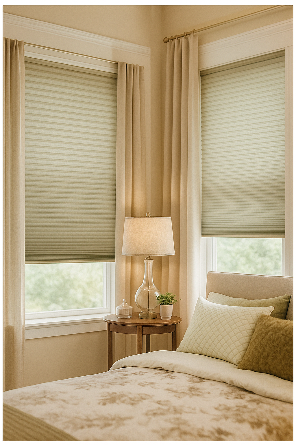 Love is Blinds St. Louis: A bedroom with a bed and a window with green honeycomb shades.