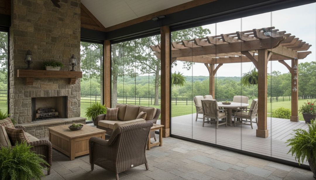 Acrylic outdoor blinds enclosing a Missouri patio, providing clear visibility and weather protection by Love is Blinds.