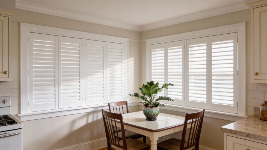 Composite wood plantation shutters in a Missouri kitchen, showing durability and a smooth painted finish by Love is Blinds.