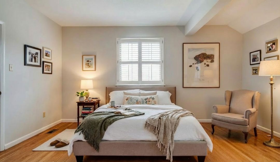 Plantation shutters in a Missouri bedroom, supporting a neutral comparison of composite and real wood options by Love is Blinds.