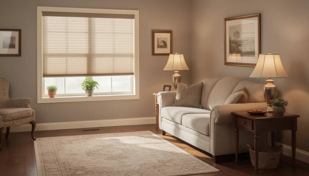 Cellular shades in a traditional Missouri home, showing a layered honeycomb design that suits classic interiors more than sleek modern styles by Love is Blinds.