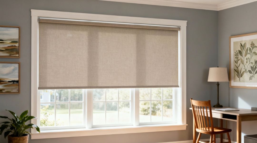 Roller shades in a Missouri home, showing a single-layer window covering that offers limited insulation for energy efficiency needs by Love is Blinds.