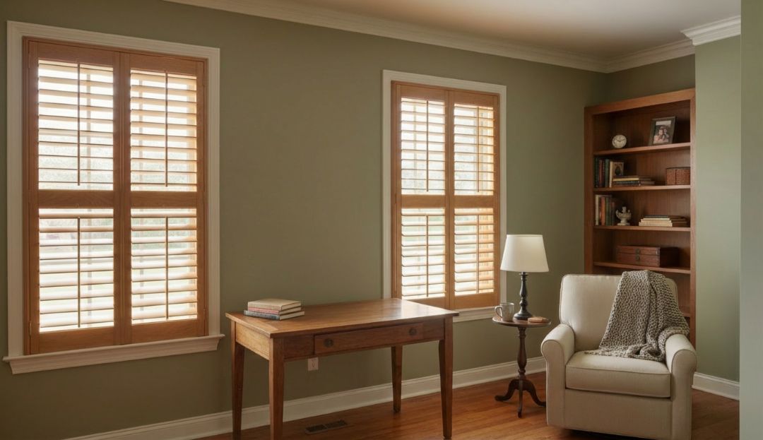 Real wood plantation shutters with visible natural grain in a Missouri home, showing warmth and craftsmanship by Love is Blinds.