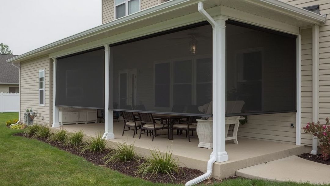 Best porch blinds for wind and rain on a Missouri home, featuring durable exterior-grade materials designed by Love is Blinds.
