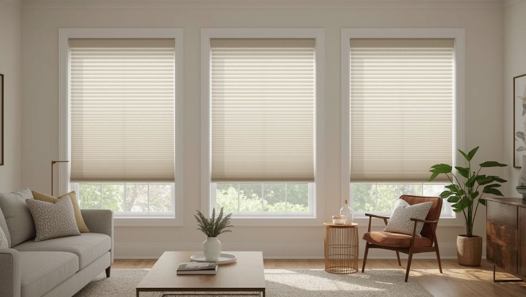 Cellular shades installed in a Missouri home, showing honeycomb construction that helps diffuse light and improve comfort by Love is Blinds.