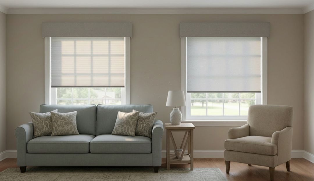 Cellular and roller shades displayed side by side in a Missouri home interior, highlighting key differences in style and function by Love is Blinds.