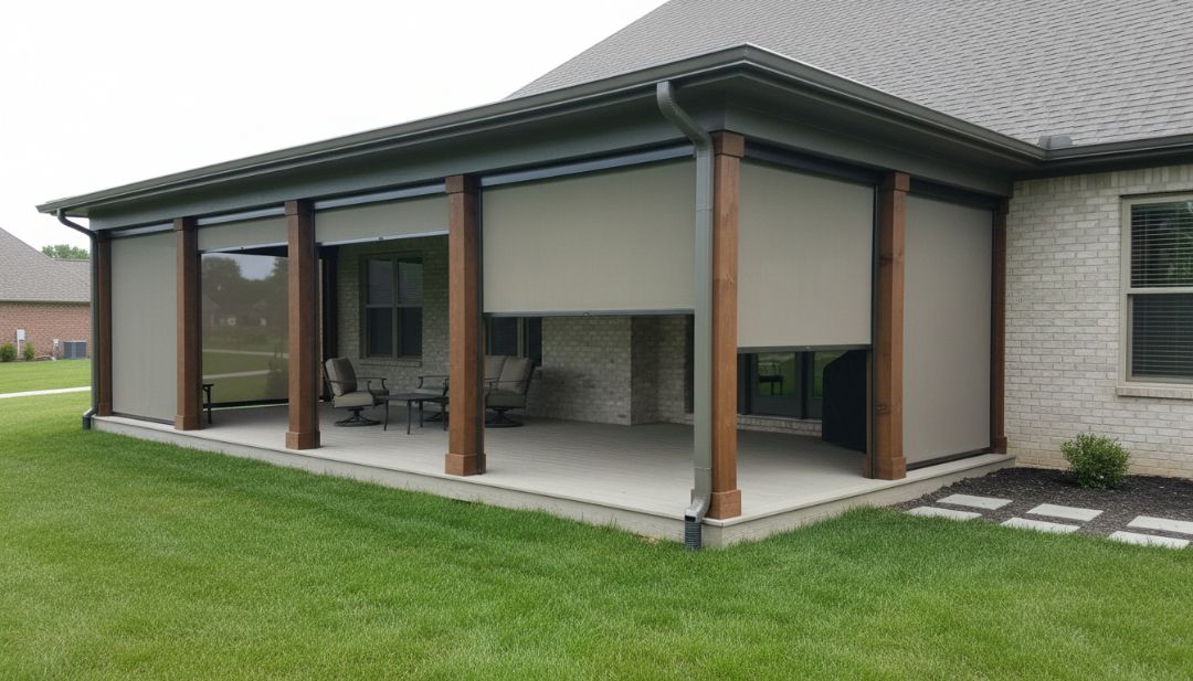 Attached patio frames in a Missouri home showing proper structure and access needed for custom Love is Blinds installations.