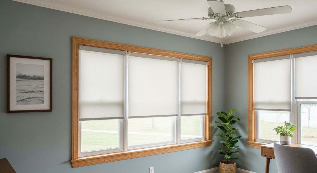 Roller shades in a Missouri home, showing a simple fabric panel that offers limited light variation homeowners may consider by Love is Blinds.