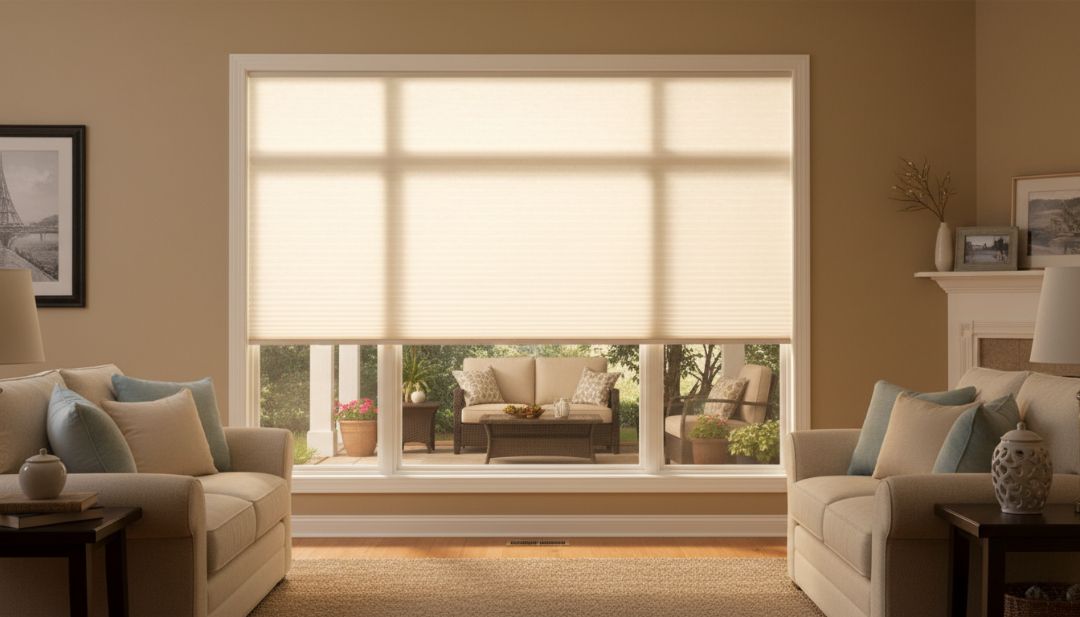 Interior cellular blinds in a Missouri home, helping regulate temperature while overlooking a covered patio by Love is Blinds.