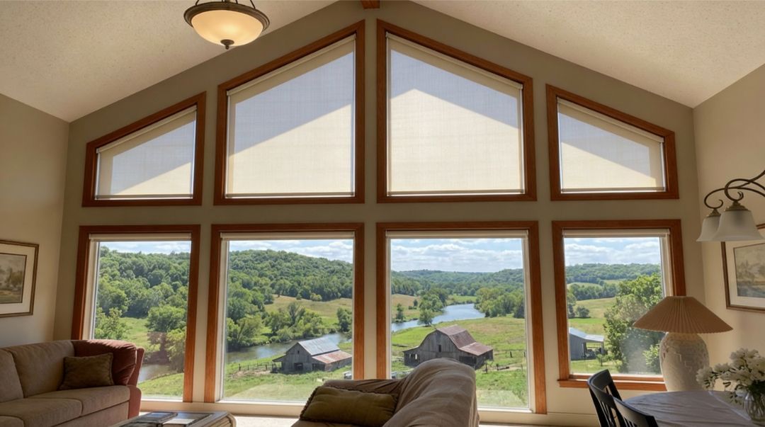 Plantation shutters on triangle windows in a realistic Missouri bedroom, providing privacy and light control by Love is Blinds.