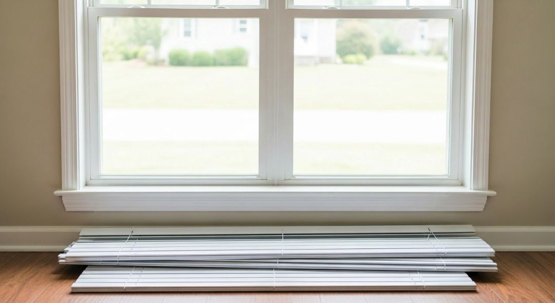 Horizontal window blinds fully removed and set aside neatly in a Missouri home after a complete DIY process.