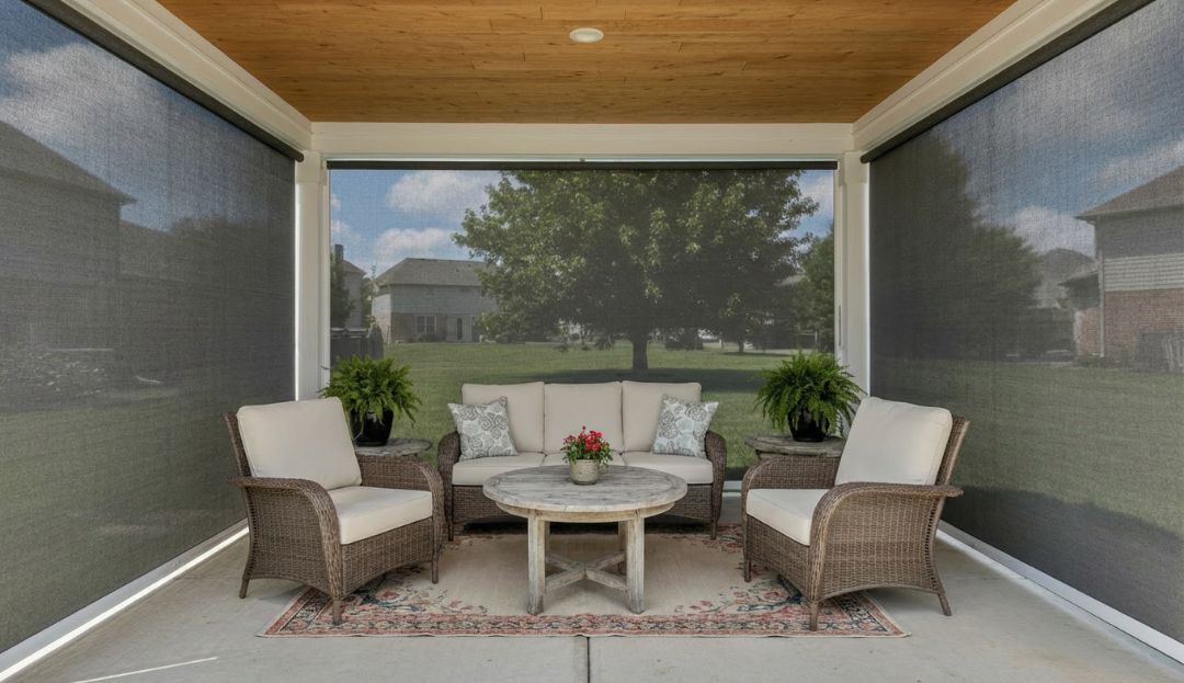 Fade-resistant outdoor blinds on a Missouri patio, maintaining consistent color despite prolonged sun exposure by Love is Blinds.