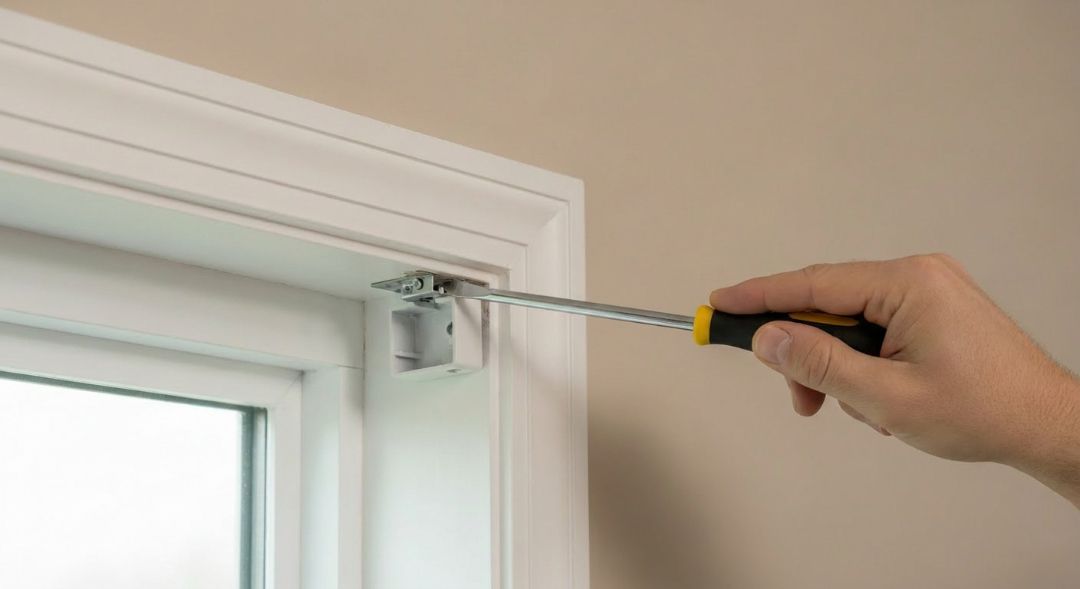 Flathead screwdriver gently releasing a stubborn hidden bracket without wall damage in a Missouri home.