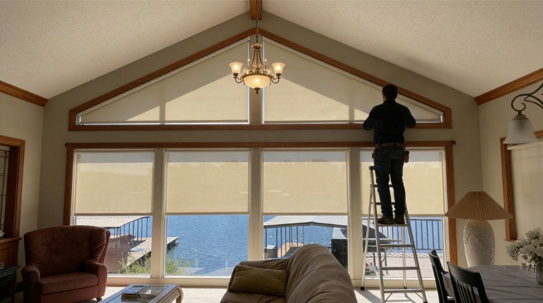 A professional installing a custom treatment on a triangle window in a Missouri home, showing Love is Blinds expertise.