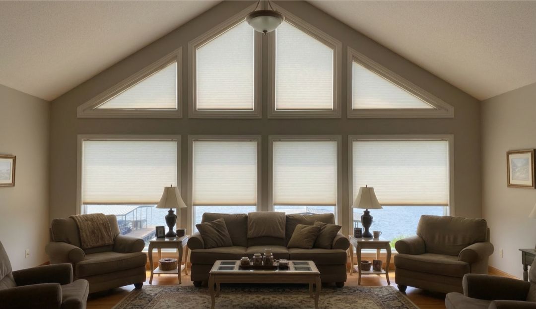 Honeycomb cellular shades fitted to triangle windows in a Missouri home, improving insulation and comfort by Love is Blinds.