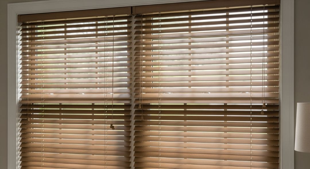 Horizontal blinds installed on a window in a Missouri home, showing adjustable slats that provide light control and privacy by Love is Blinds.