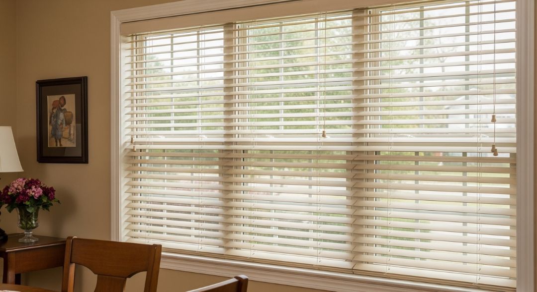 Classic horizontal blinds in a Missouri home, showing a timeless window treatment style that blends with traditional interiors by Love is Blinds.
