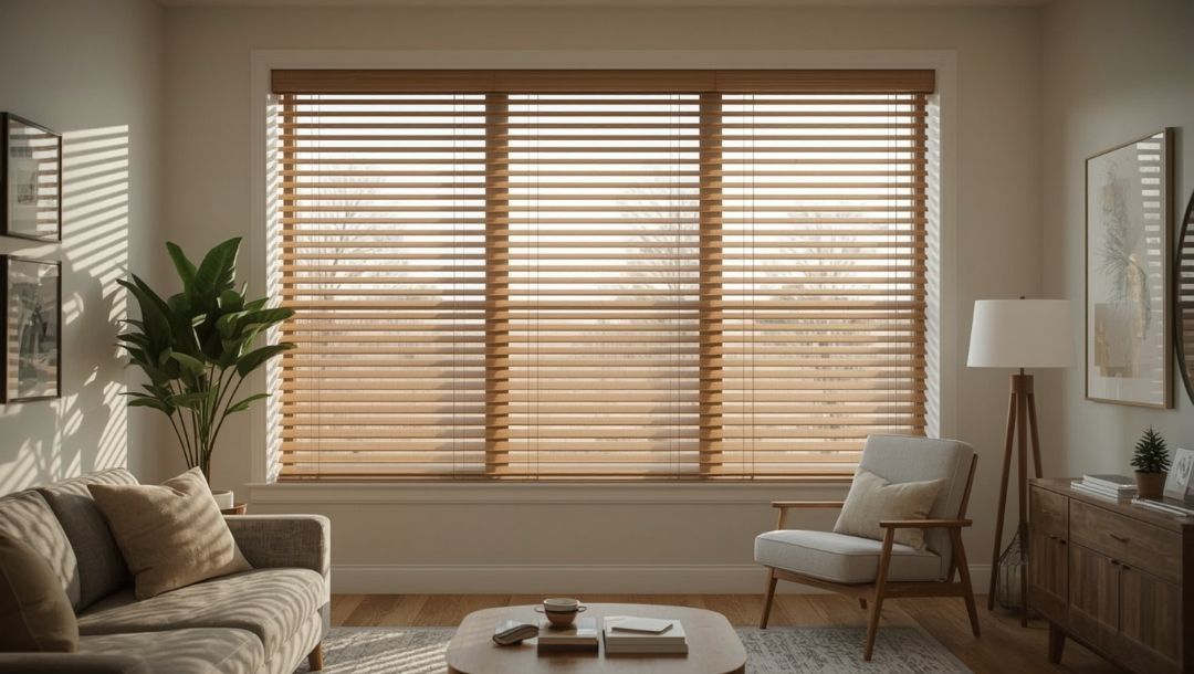 Horizontal blinds for subtle lighting in a Missouri home, showing angled slats that softly filter daylight while preserving comfort by Love is Blinds.
