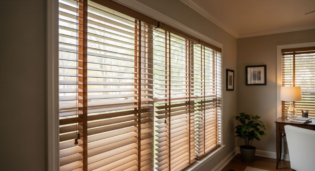 Horizontal blinds in a Missouri home, showing layered slats and textured surfaces that require regular cleaning and upkeep by Love is Blinds.