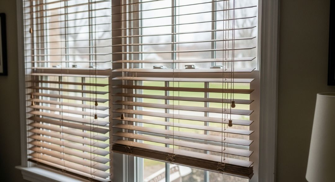 Horizontal blinds in a Missouri home, showing layered slats that may collect dust and require more regular cleaning by Love is Blinds.