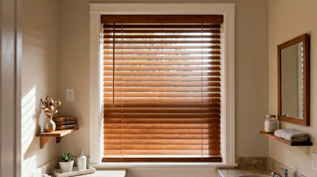 Horizontal blinds on a small window in a Missouri home, showing a classic fit that offers light control and privacy by Love is Blinds.