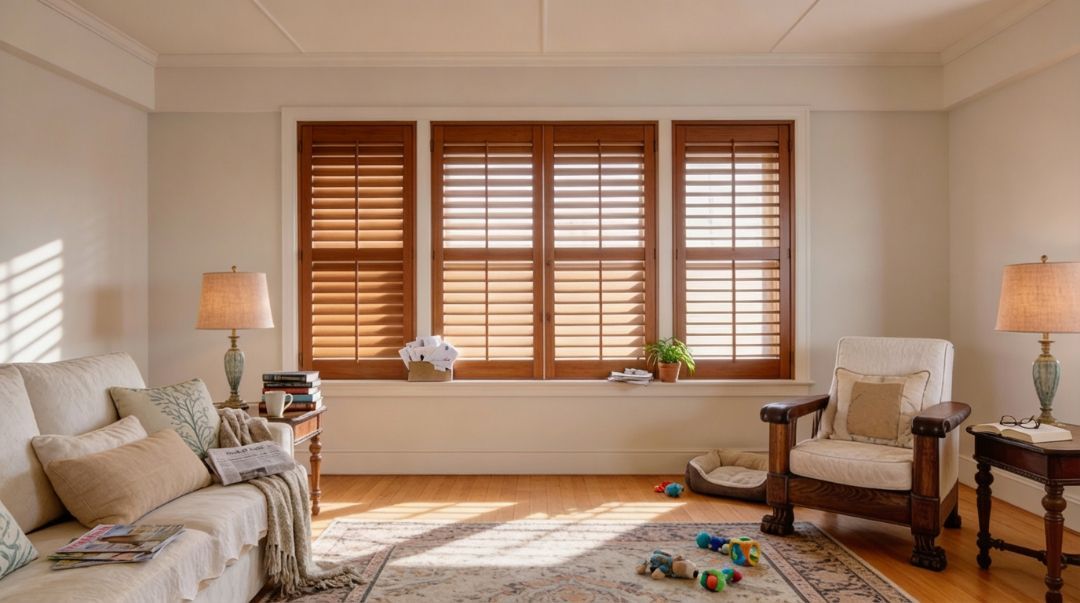 Plantation shutters installed in a Missouri family room, helping homeowners choose the right shutter material with Love is Blinds.