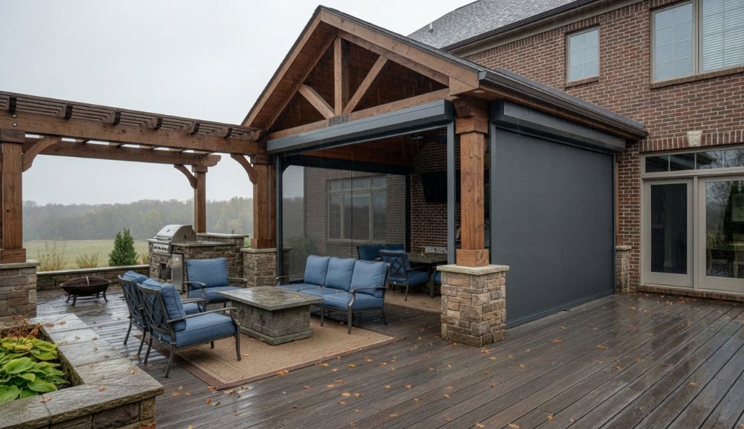 Weather-resistant outdoor blinds protecting a Missouri patio in changing conditions, showing all-season durability by Love is Blinds.