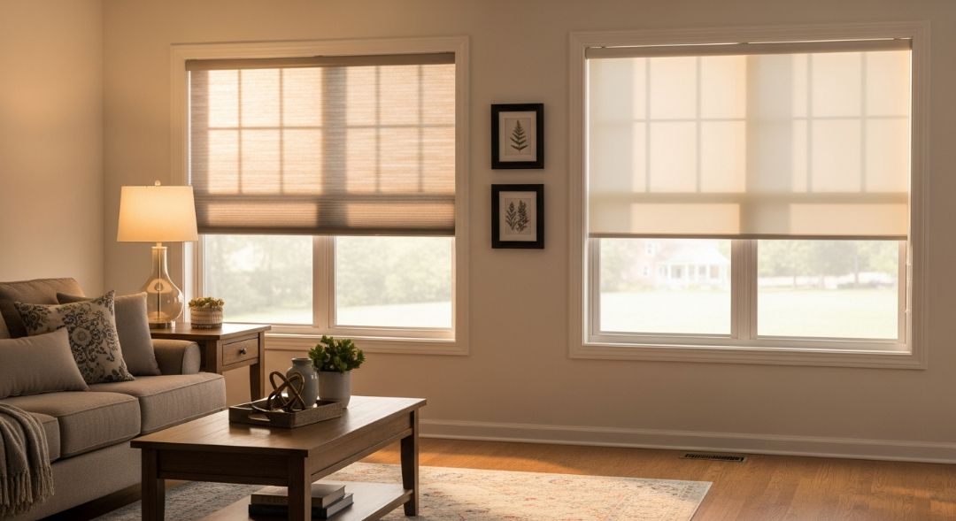 Cellular and roller shades shown in a Missouri living room, helping homeowners compare style and function to choose the best option by Love is Blinds.
