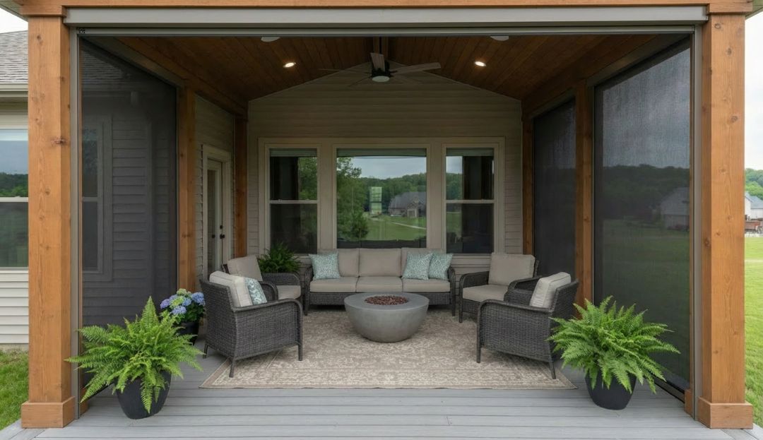 Marine-grade fabric blinds custom-fit around a Missouri patio, creating a durable all-season enclosure by Love is Blinds.
