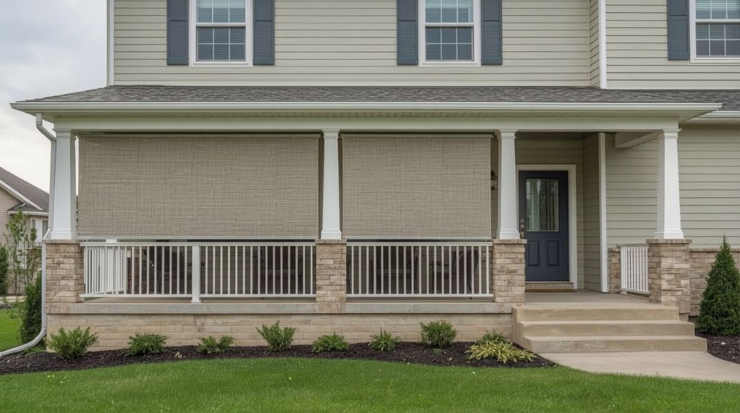 Marine-grade fabric porch blinds on a Missouri home, featuring durable woven materials designed by Love is Blinds.