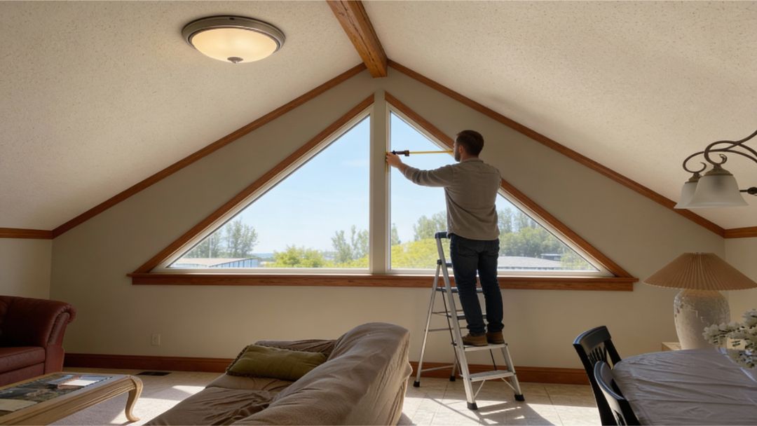 Window treatment samples displayed near triangle windows in a Missouri home, helping Love is Blinds clients choose wisely.