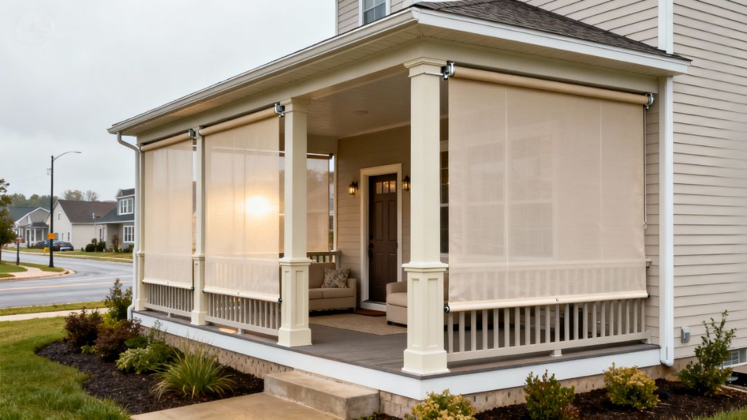 Outdoor porch blinds for wind and rain protection installed on a Missouri front porch, providing weather defense from Love is Blinds.
