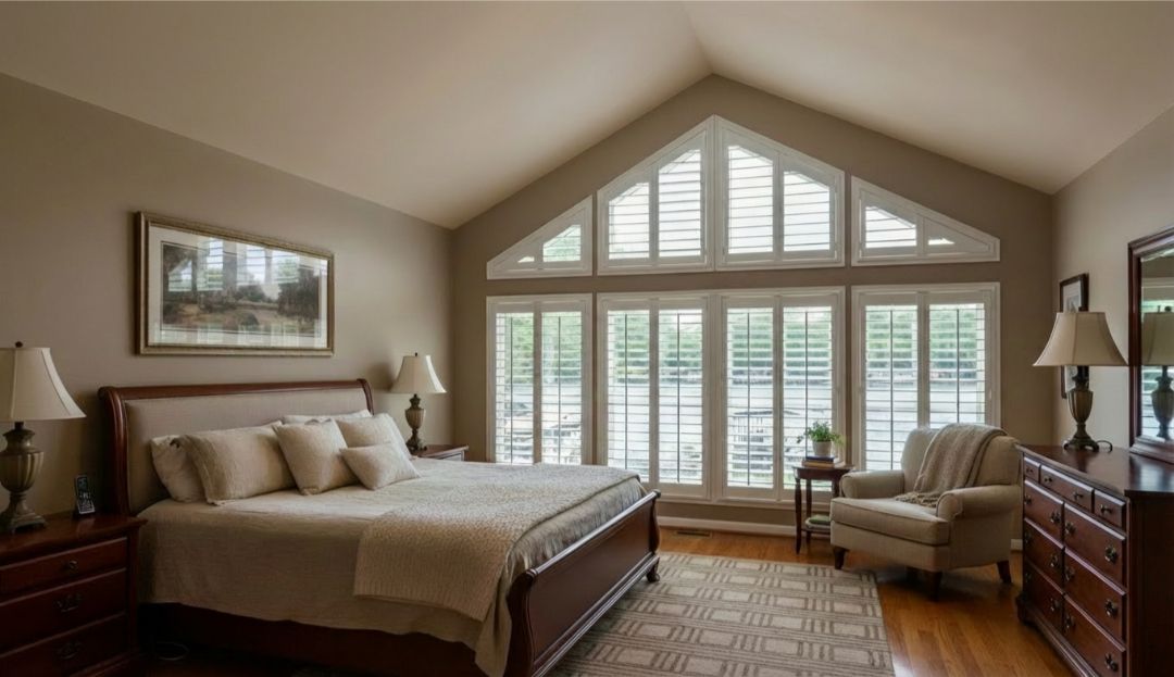 Plantation shutters on triangle windows in a realistic Missouri bedroom, providing privacy and light control by Love is Blinds.