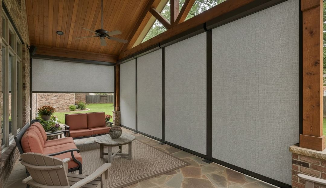 Polyester outdoor blinds on a Missouri patio, offering breathable shade and reliable weather resistance by Love is Blinds.