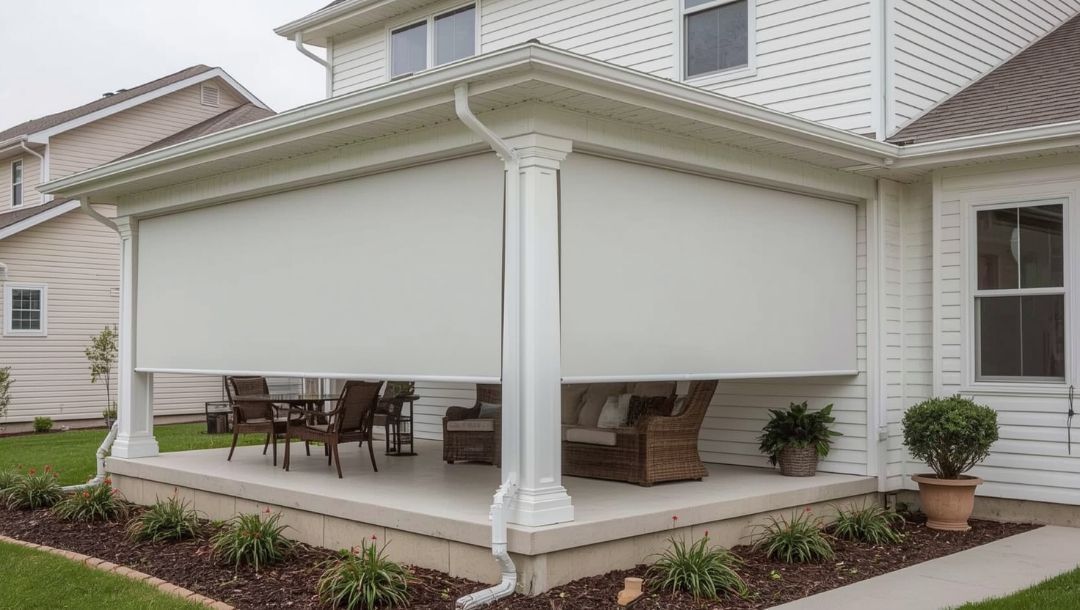 PVC and vinyl porch blinds on a Missouri home, showing moisture-resistant outdoor shades installed by Love is Blinds.