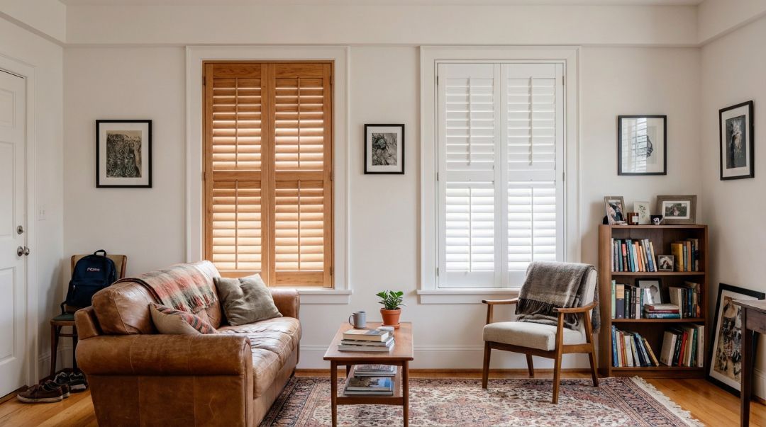 Side-by-side comparison of real wood and composite plantation shutters in a Missouri home by Love is Blinds.