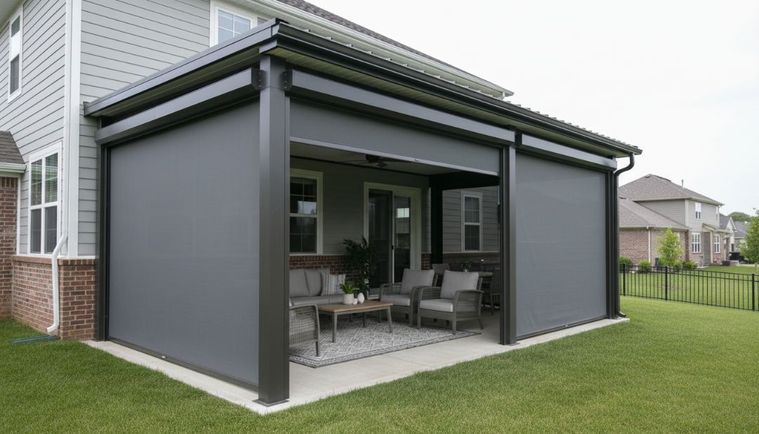Reinforced aluminum or steel patio frames in a Missouri home, fully enclosed with durable blinds by Love is Blinds.