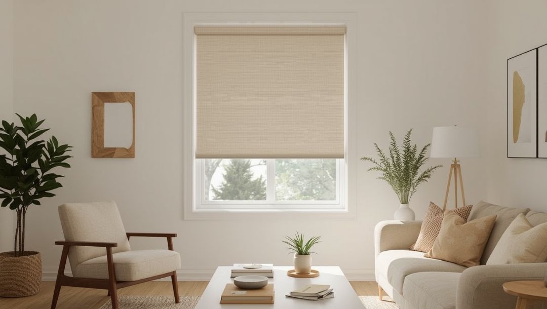 Roller shades in a Missouri home, shown with layered lighting and depth to highlight a clean, modern window covering by Love is Blinds.