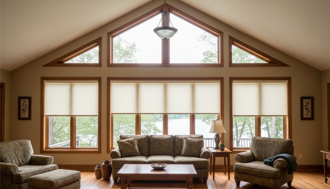 Roller shades on lower windows beneath triangle windows in a Missouri home, offering clean light control by Love is Blinds.