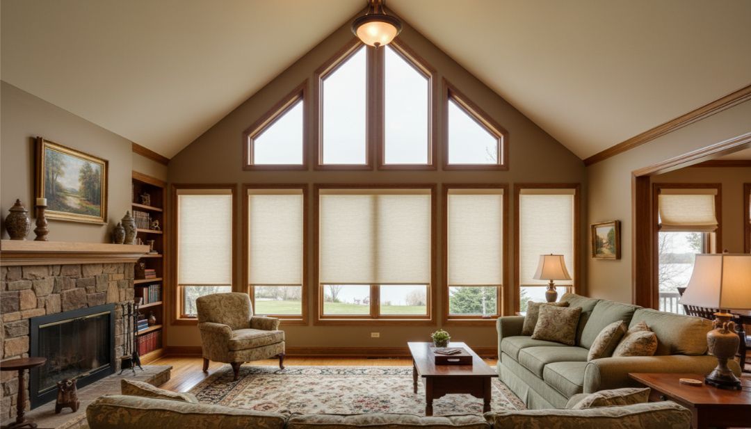 Roman shades on lower windows beneath triangle windows in a Missouri home, adding softness and light control by Love is Blinds.