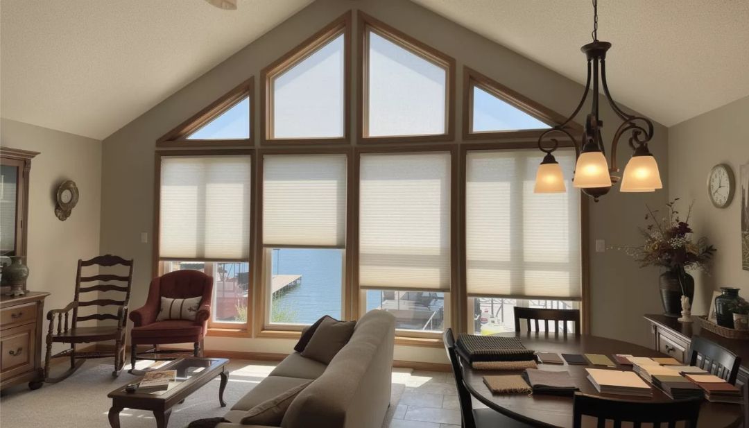 Window treatment samples displayed near triangle windows in a Missouri home, helping Love is Blinds clients choose wisely.