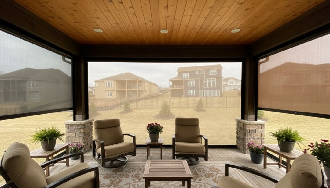 Outdoor blinds in coordinated colors on a Missouri patio, showing how the right finish enhances style and performance.