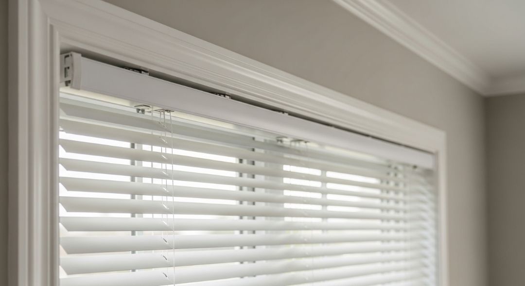 Close-up of hidden brackets inside the headrail of window blinds in a Missouri home before safe removal.