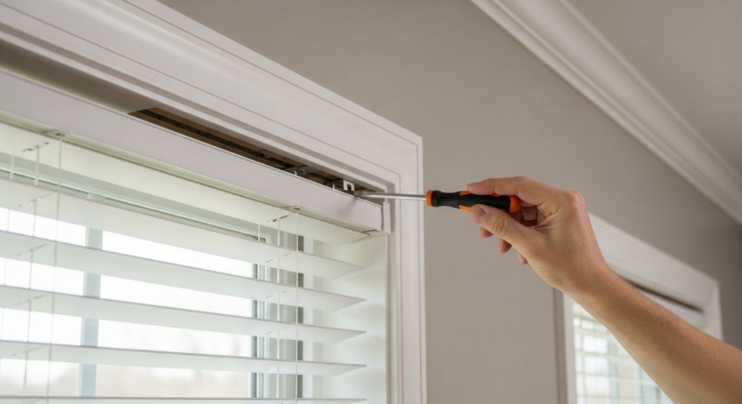 Hands releasing a hidden bracket mechanism on interior window blinds using a single tool in a Missouri home.