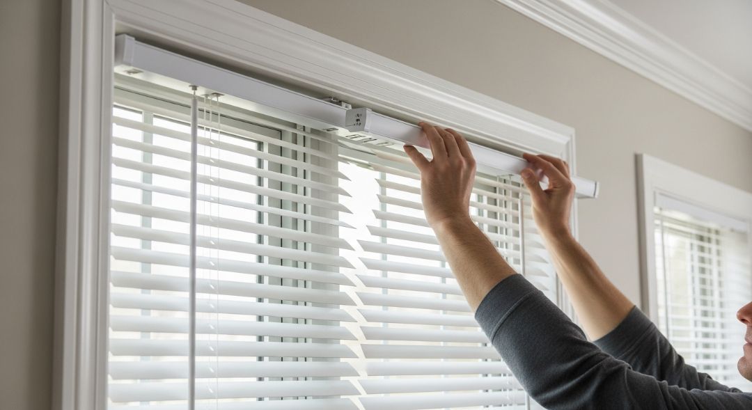 Hands lifting the headrail to detach window blinds from hidden brackets safely in a Missouri home.