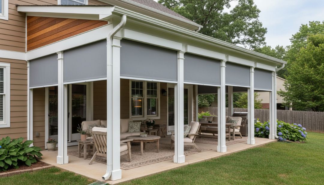 Weatherproof outdoor blinds enclosing a Missouri patio, showing smart year-round design choices and durability by Love is Blinds.