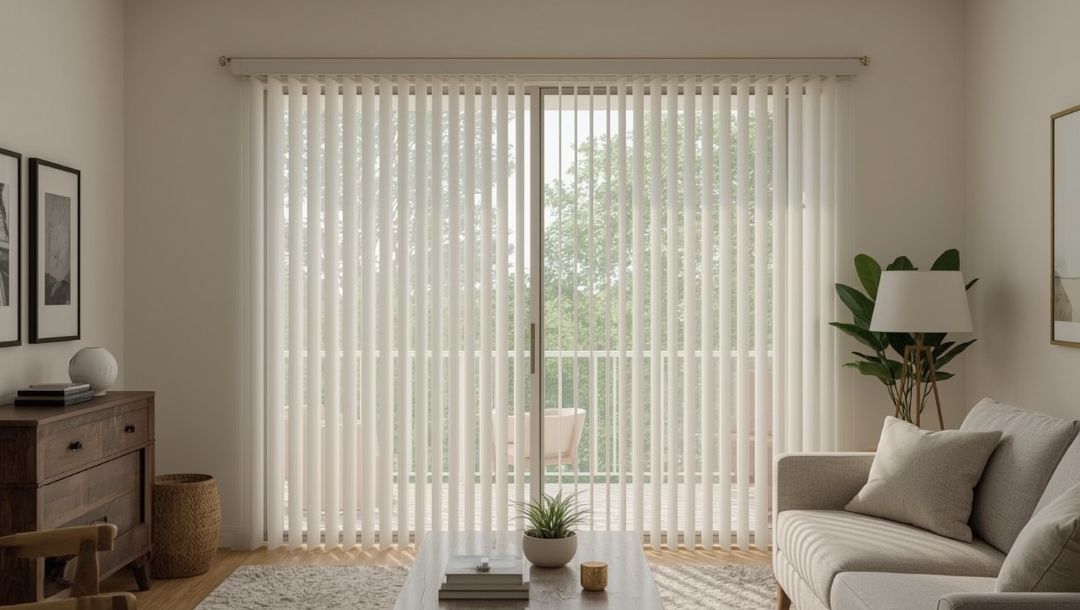 Vertical blinds installed on a large window in a Missouri home, showing adjustable vanes for light control and privacy by Love is Blinds.
