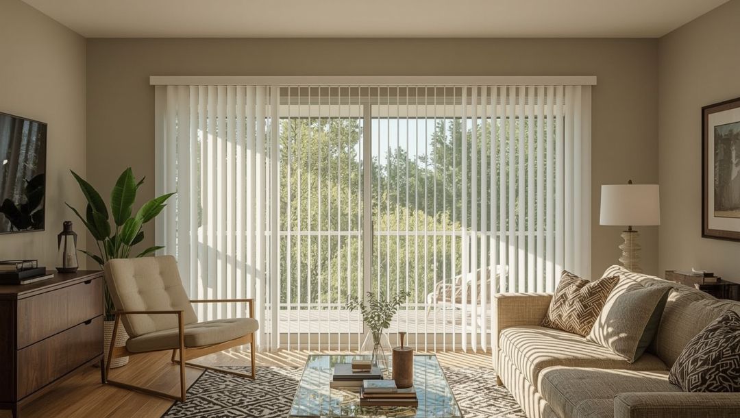 Vertical blinds for sun blocking in a Missouri home, showing closed vanes that reduce glare and heat while maintaining comfort by Love is Blinds.