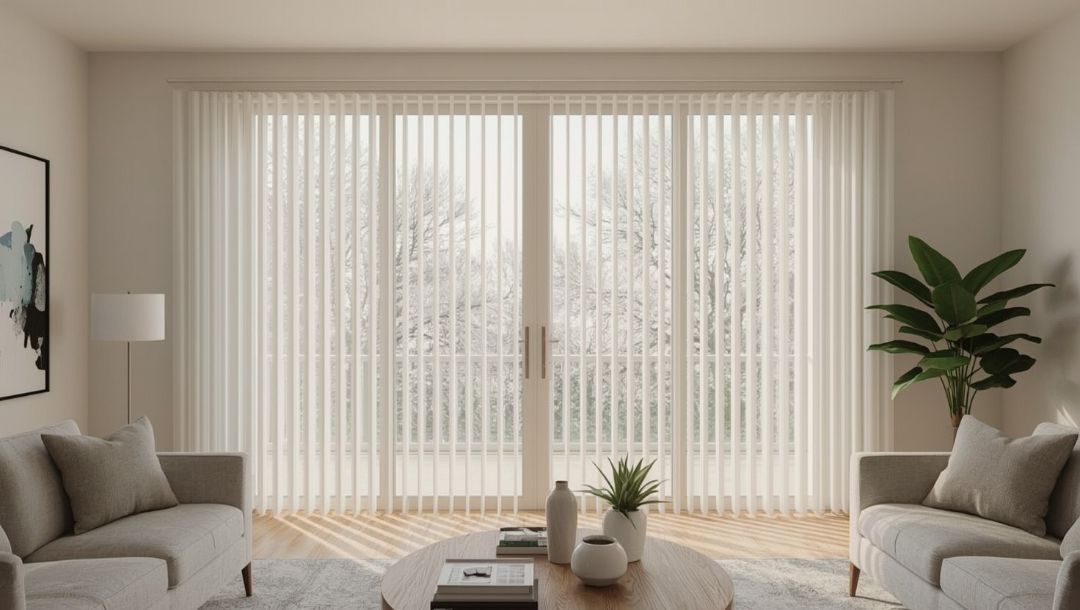 Vertical blinds on a large window in a Missouri home, showing full coverage and smooth operation ideal for wide openings by Love is Blinds.